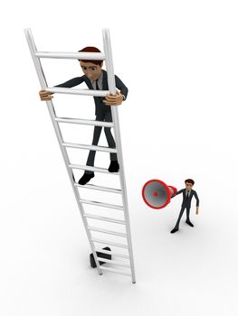 3d men climbing ladder and another announcing from mic concept on white background, front angle view