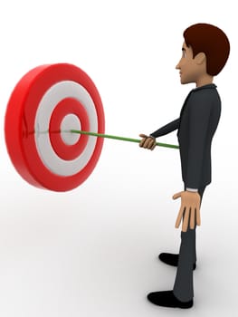 3d man putting dart on target board concept on white background, front angle view