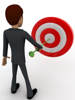 3d man putting dart on target board concept on white background, back angle view