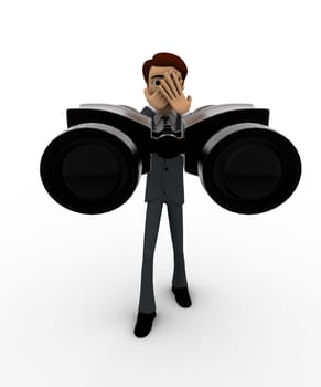3d man standing with binoculars concept on white background, front angle view