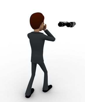 3d man standing with binoculars concept on white background,  back  angle view