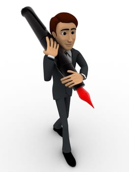 3d man carrying ink pen on shoulder with red knob concept on white background, side angle view