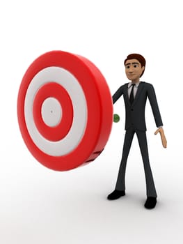 3d man putting dart on target board concept on white background, side angle view