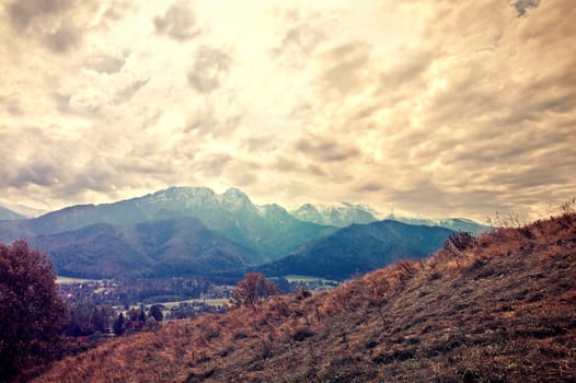 Nature. Beautiful mountains scenery in abstract pastel colors.