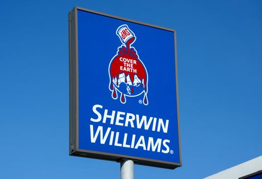 RICHFIELD, MN/USA - August 12, 2015: Sherwin-Williams paint store sign and logo. Sherwin Williams Company is an American company in the general building materials industry.