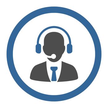 Call center glyph icon. This rounded flat symbol is drawn with cobalt and gray colors on a white background.