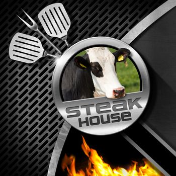 Steak house menu design with round symbol with head of cow on a dark metal background with grill, flames and kitchen utensils