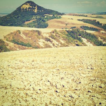 Plowed Sloping Autumn Field in Tuscany on the Background of Green Hill, Italy, Instagram Effect