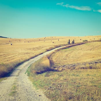 Dirt Road Leading to the Farmhouse across the Fields with Many Hay Bales in Tuscany, Italy, Instagram Effect  