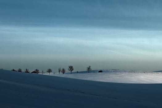 Winter sceneries in Denmark with a field covered by snow in the sun