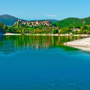 Italian City Castel di Tora by the Lake Lago del Turano