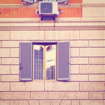 Facade of an Old Roman House with Window and Modern Conditioner, Instagram Effect