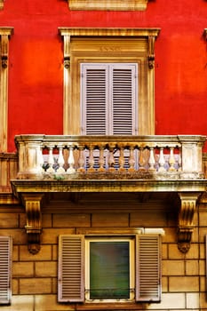 Facade of the Old Italian House with Balcony in Rome