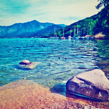 Lake Lago di Caldonazzo on the Background of Dolomites in Italy, Instagram Effect