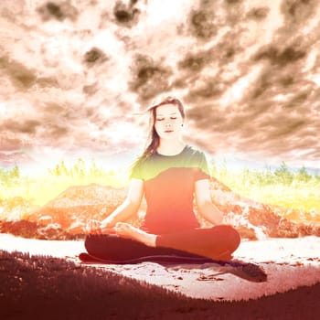Double exposure picture of woman practices yoga combined with photograph of mountains and nature.