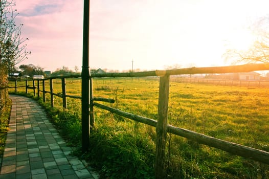 Sidewalk in country scenery with green grass on the field. Nature concept.