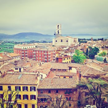 Aerial View to Historic Center of the City of Perugia in Italy, Instagram Effect