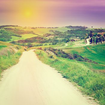 Dirt Road Leading to the Farmhouse in Tuscany at Sunset, Instagram Effect