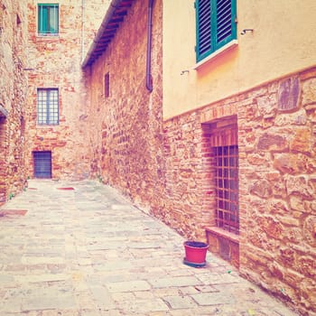 Narrow Street with Old Buildings in Italian City of Cetona, Instagram Effect