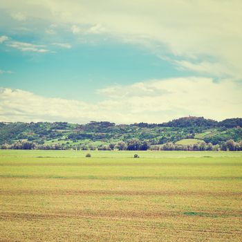 The Medieval Italian Town Surrounded by Forests and  Fields Planted with Corn, Instagram Effect