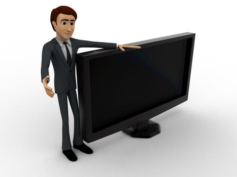 3d man with tv screen concept on white background, side angle view