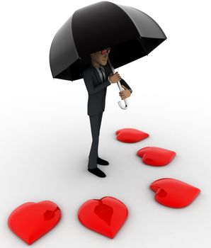 3d man with umbrella and many red hearts concept on white background, side angle view