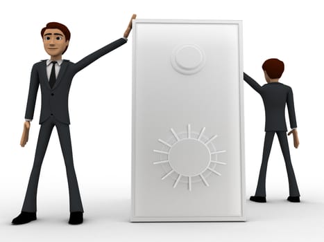 3d two men guard locker concept on white background, front angle view