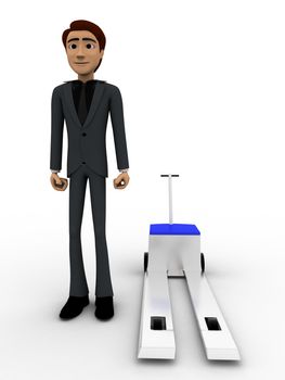 3d man standing on advance hand truck concept on white background, front angle view