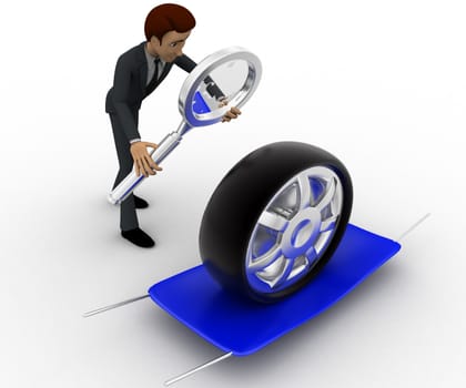 3d man examine tire concept on white background, side angle view