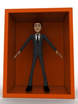 3d man standing inside box concept on white background, front angle view