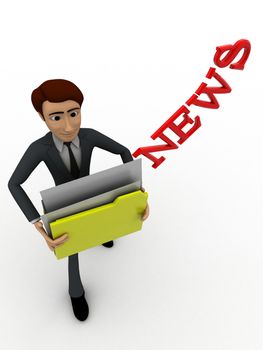 3d man holding news files concept on white background, top  angle view