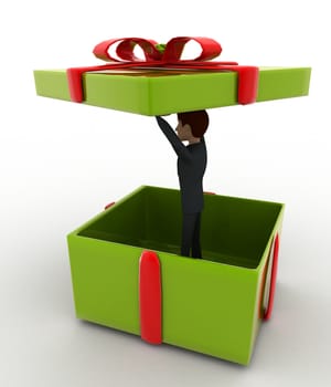 3d man in big green gift box concept on white background,  side angle view