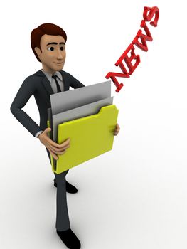 3d man holding news files concept on white background,  side angle view