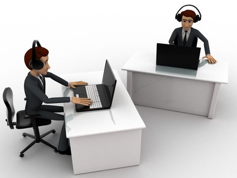 3d man working on laptop in office and wear headphone concept on white background, top side angle view