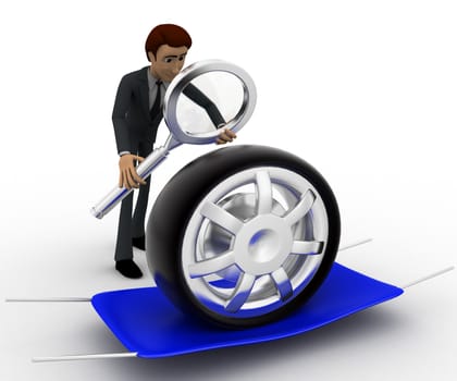 3d man examine tire concept on white background, front angle view