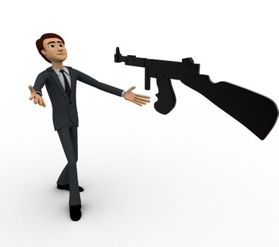 3d man afraid of machine gun concept on white background, front angle view