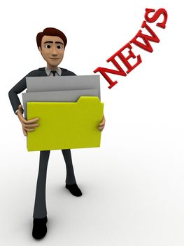 3d man holding news files concept on white background, front angle view