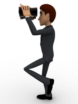 3d man looking through binocular concept on white background,  side angle view