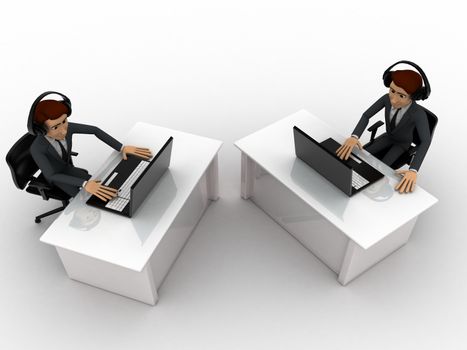 3d man working on laptop in office and wear headphone concept on white background, top angle view