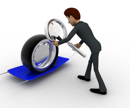 3d man examine tire concept on white background, back angle view