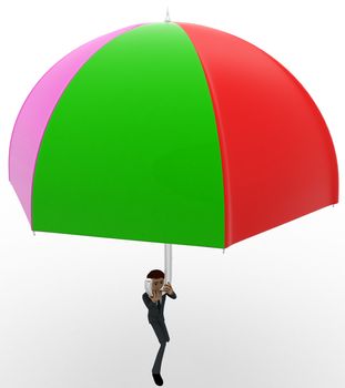 3d man using umbrella as parashoot concept on white background, front angle view