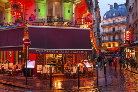 Wine Bars Restaurants Colorful Rainy Streets Tourists Lovers Walking Latin Quarter West Bank Seine Latin Quarter Rue De La Harpe Paris France