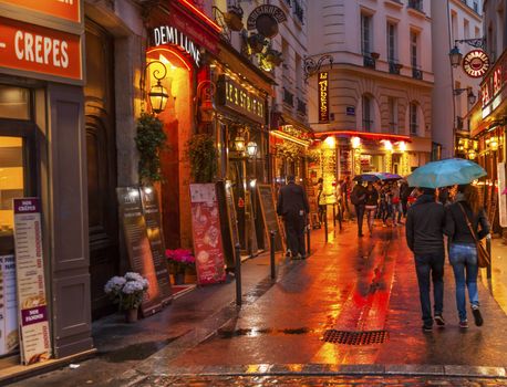Wine Bars Restaurants Colorful Rainy Streets Tourists Lovers Walking Latin Quarter West Bank Seine Latin Quarter Rue De La Harpe Paris France