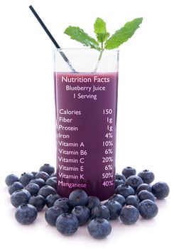 Blueberry juice with nutrition label over a white background