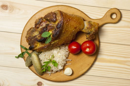 Roasted pork leg (rulka) served with sauerkraut, view from above