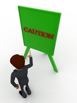 3d man pointing on caution sign board concept on white background, top angle view