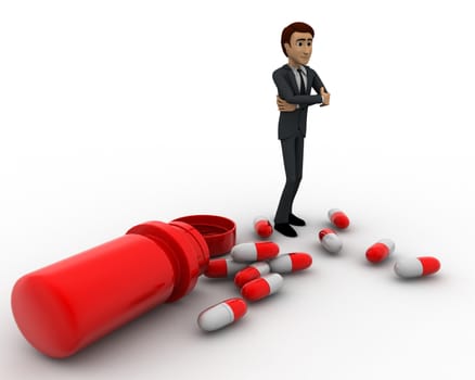 3d man with many capsules concept on white background,  side angle view