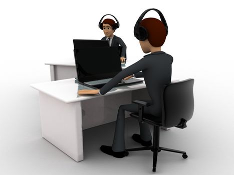 3d man working on laptop in office and wear headphone concept on white background, front angle view