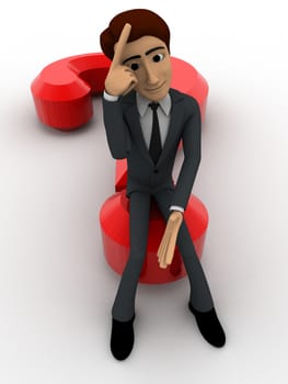 3d man sitting on question mark in stress concept on white background, front angle view