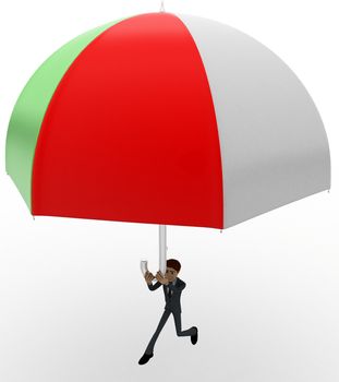 3d man using umbrella as parashoot concept on white background, side angle view